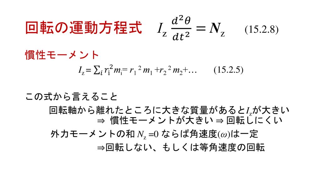 回転の運動方程式 Iz 𝑑 2 𝜃 𝑑 𝑡 2 = Nz (15.2.8) 慣性モーメント