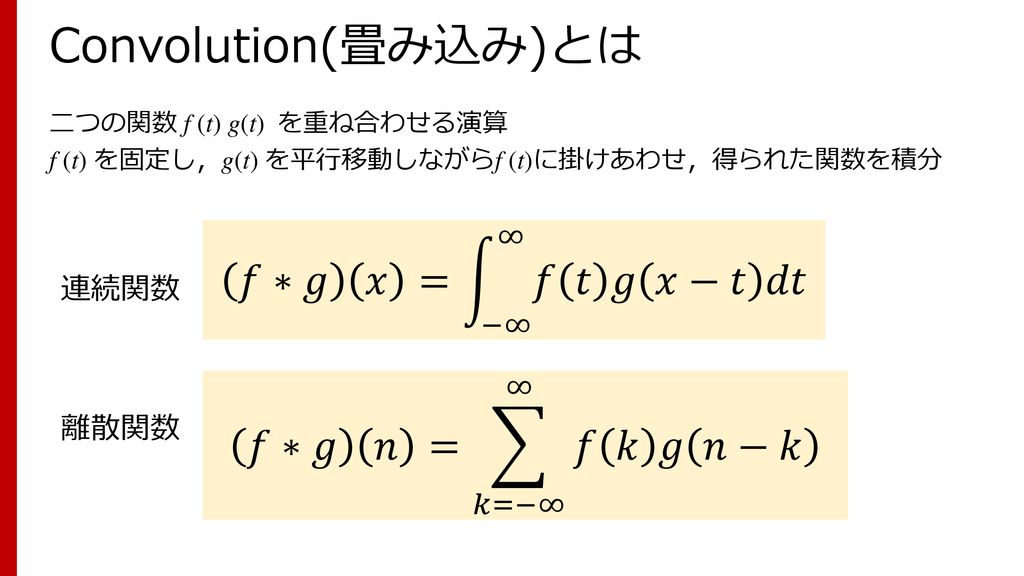 Convolution(畳み込み)とは 𝑓∗𝑔 𝑥 = −∞ ∞ 𝑓 𝑡 𝑔 𝑥−𝑡 𝑑𝑡 𝑓∗𝑔 𝑛 = 𝑘=−∞ ∞ 𝑓 𝑘 𝑔 𝑛−𝑘