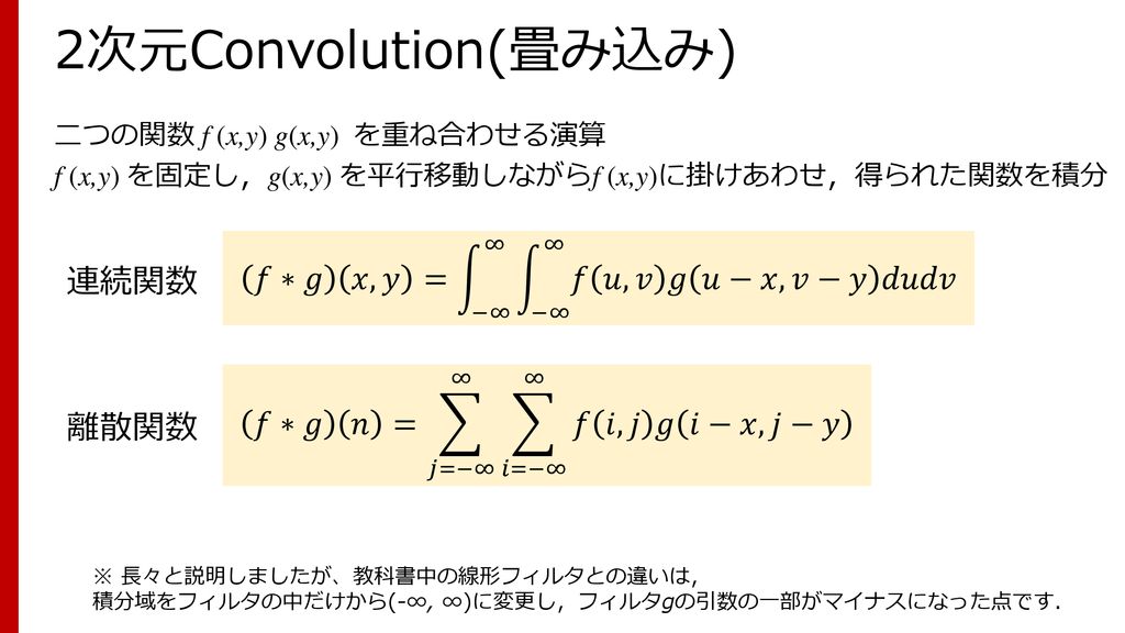 2次元Convolution(畳み込み) 𝑓∗𝑔 𝑥,𝑦 = −∞ ∞ −∞ ∞ 𝑓 𝑢,𝑣 𝑔 𝑢−𝑥,𝑣−𝑦 𝑑𝑢𝑑𝑣 連続関数