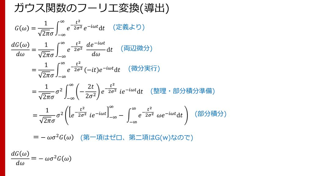 ガウス関数のフーリエ変換(導出) 𝐺 𝜔 = 1 2𝜋 𝜎 −∞ ∞ 𝑒 − 𝑡 2 2𝜎 2 𝑒 −𝑖𝜔𝑡 d𝑡 (定義より)