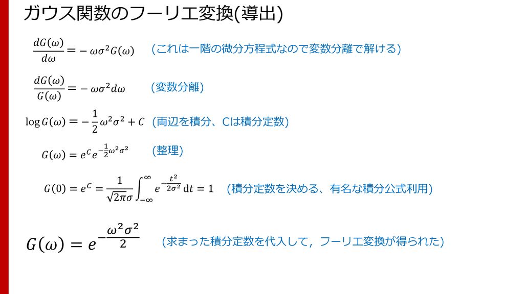 ガウス関数のフーリエ変換(導出) 𝐺 𝜔 = 𝑒 − 𝜔 2 𝜎 2 2 𝑑𝐺 𝜔 𝑑𝜔 ＝−𝜔 𝜎 2 𝐺 𝜔