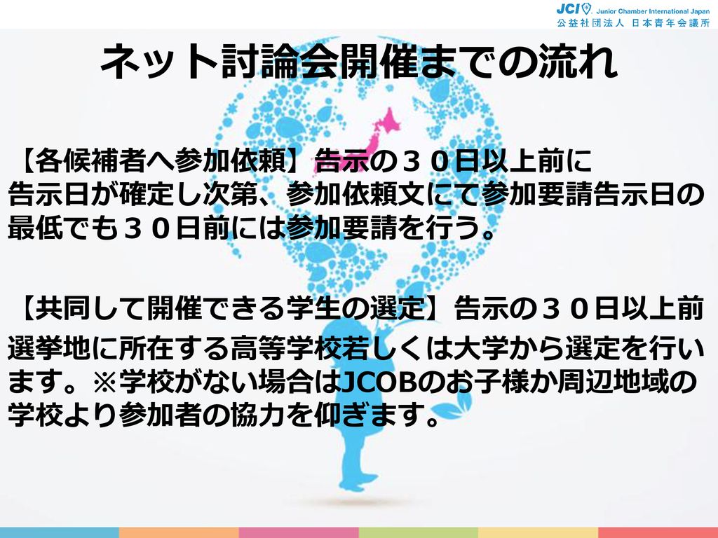 選挙における告示後の ネット討論会 公益社団法人 日本青年会議所 教育再生グループ 政治参画教育委員会 はじめまして Ppt Download