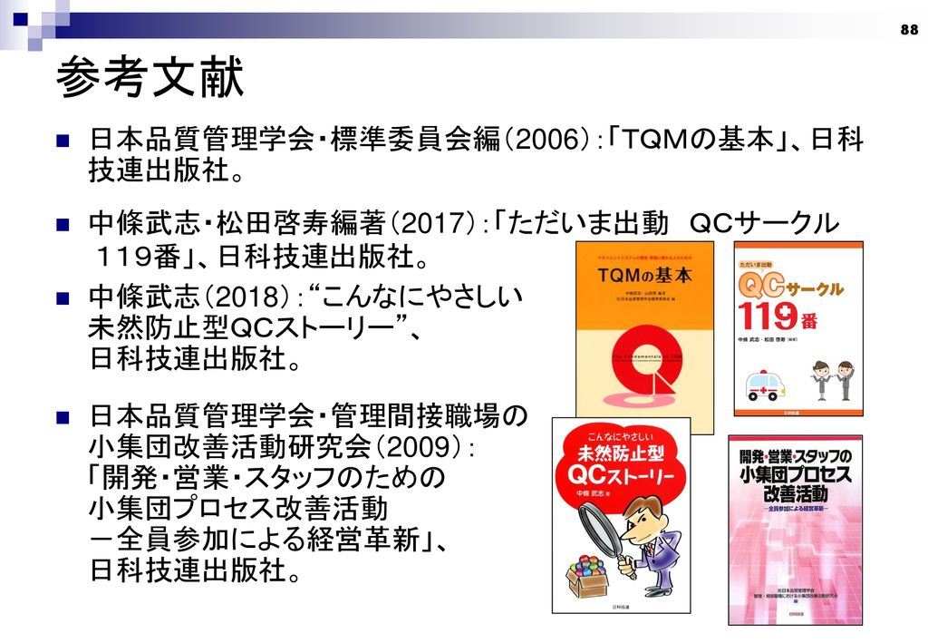 参考文献 日本品質管理学会・標準委員会編（2006）：「ＴＱＭの基本」、日科 技連出版社。