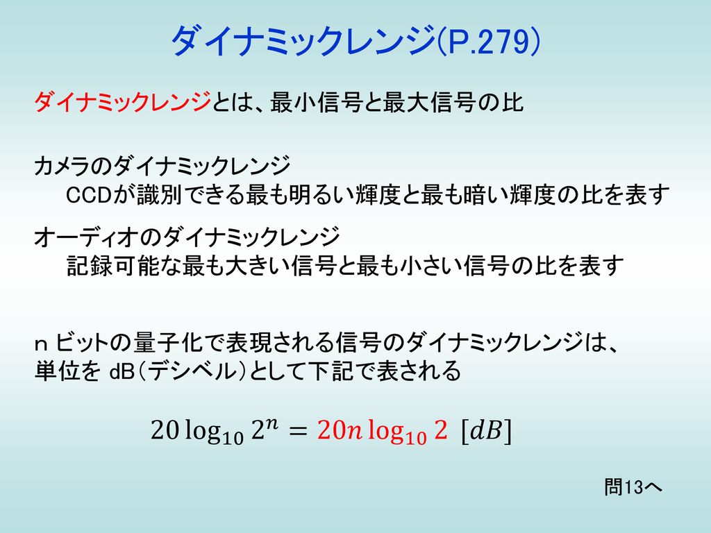 ダイナミックレンジ(P.279) 20 log 10 2 𝑛 =20𝑛 log 10 2 [𝑑𝐵]