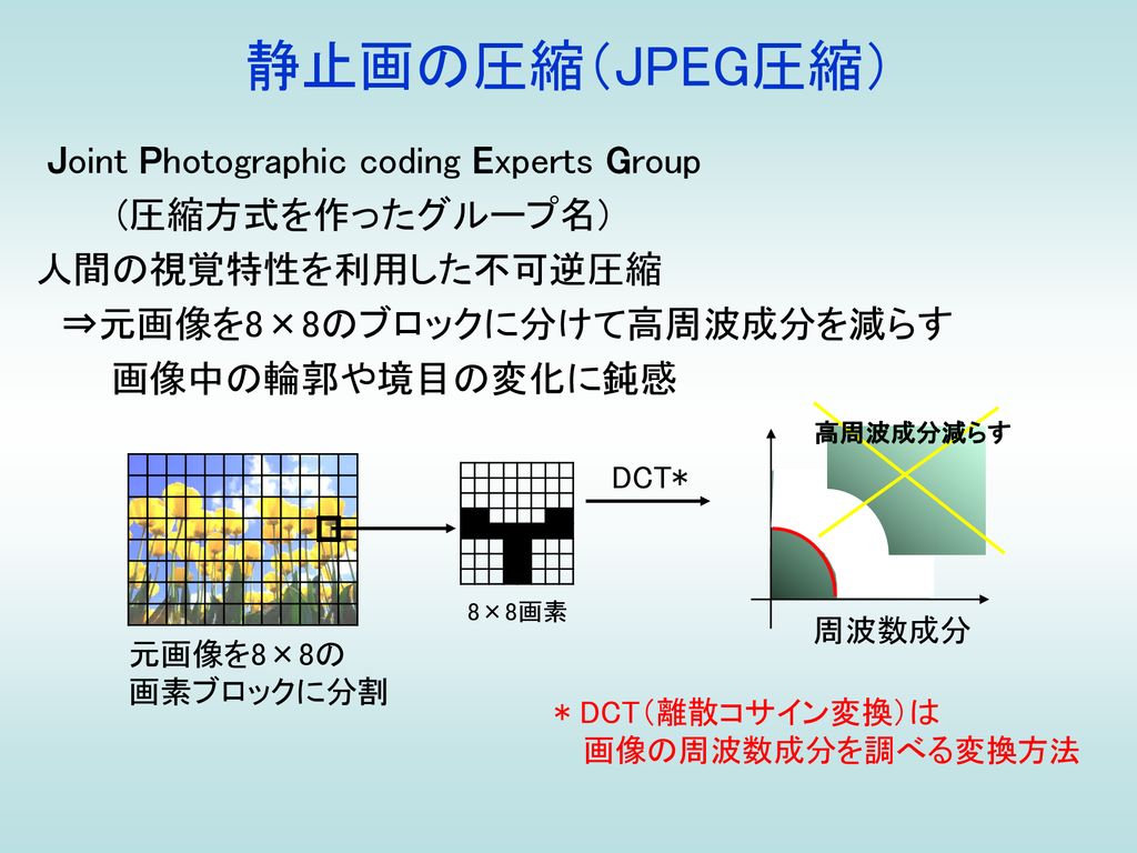 静止画の圧縮（JPEG圧縮） Joint Photographic coding Experts Group (圧縮方式を作ったグループ名)