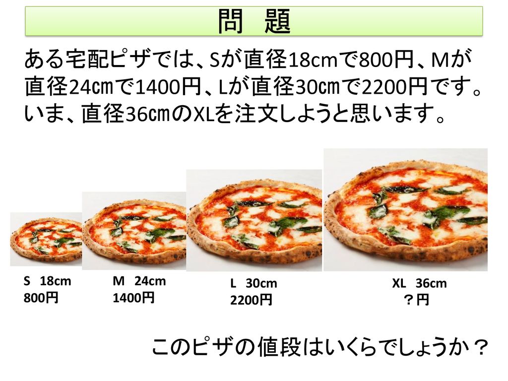 問 題 ある宅配ピザでは、Sが直径18cmで800円、Mが直径24㎝で1400円、Lが直径30㎝で2200円です。いま、直径36㎝のXLを注文しようと思います。 S 18cm. 800円. M 24cm.