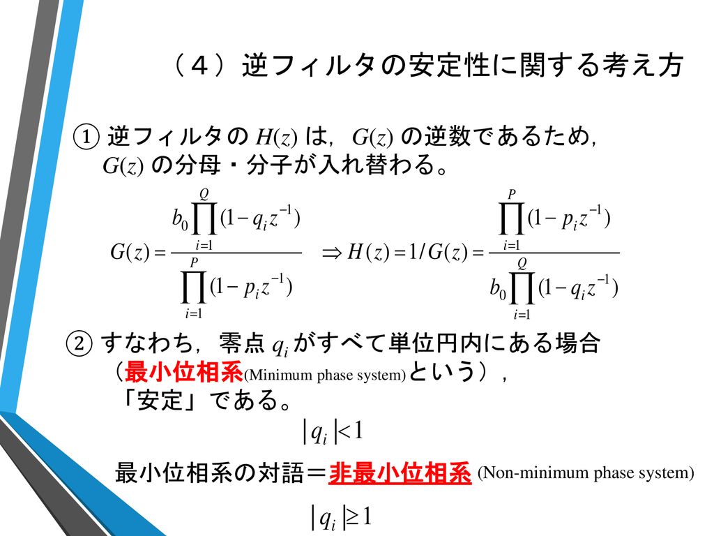 （４）逆フィルタの安定性に関する考え方 ① 逆フィルタの H(z) は，G(z) の逆数であるため， G(z) の分母・分子が入れ替わる。