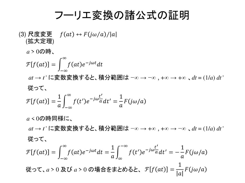 フーリエ変換の諸公式の証明 (3) 尺度変更 𝑓 𝑎𝑡 ↔ 𝐹 𝑗𝜔 𝑎 𝑎 (拡大定理) a > 0の時、