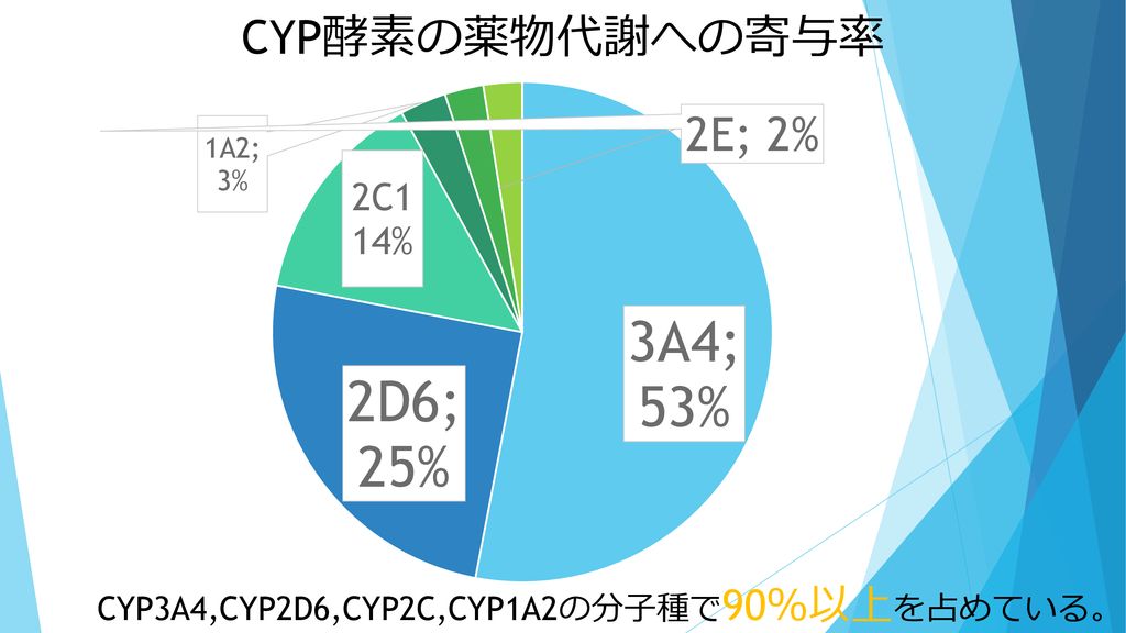 CYP酵素の薬物代謝への寄与率 CYP3A4,CYP2D6,CYP2C,CYP1A2の分子種で90％以上を占めている。
